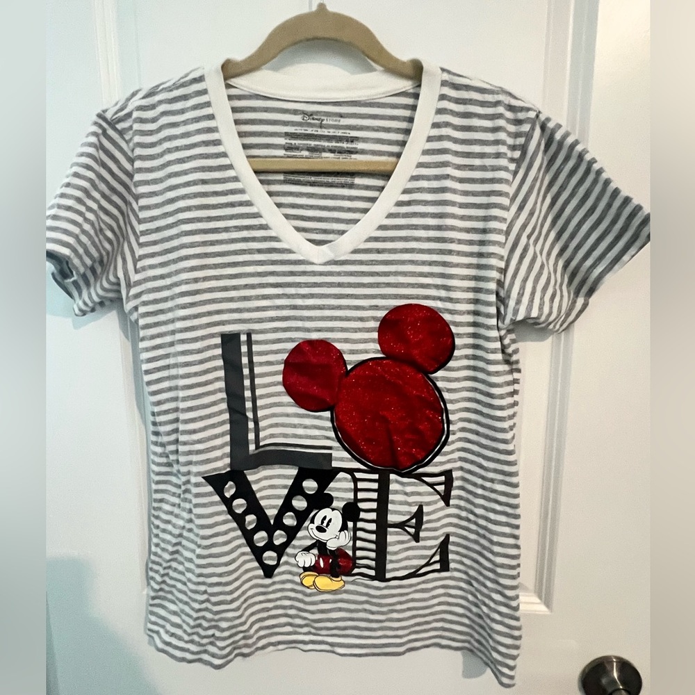 Disney Store Mickey Mouse Gray and White Striped Love V-Neck Tee, Size L